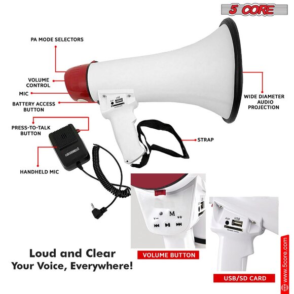 5 CORE 50W Megaphone Bullhorn Cheer Bull Horn Speaker Rechargeable 300M Range Si - Picture 7 of 12